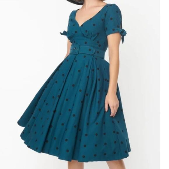 Unique vintage Teal polka-dot rockabilly pin-up style retro a line dress fits m - Picture 1 of 7